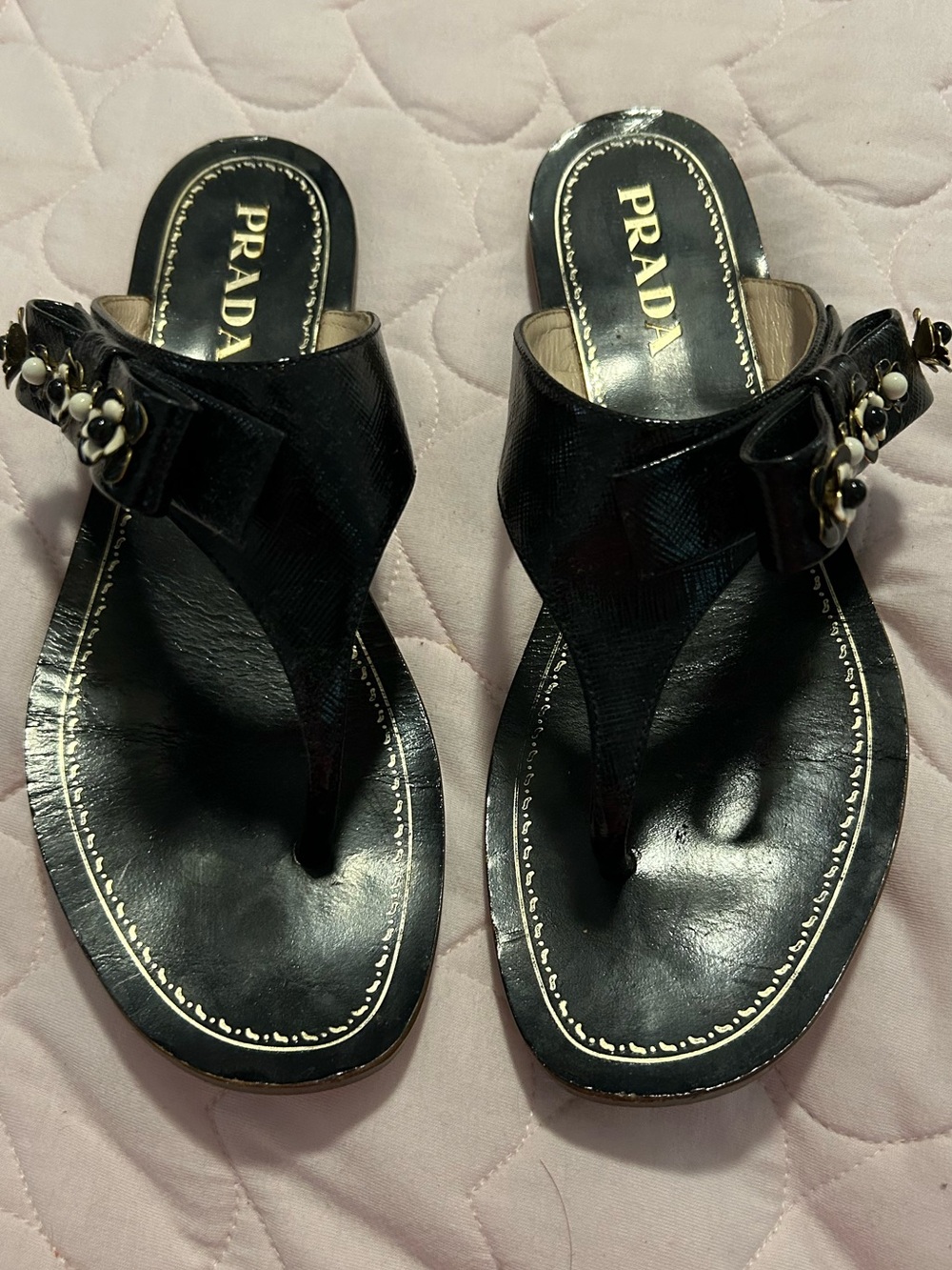 Prada Black Leather Thong Sandals with Pearl & Gold Accents